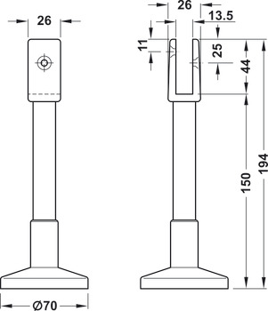 Support leg, aluminium, partition wall system for sanitary facilities