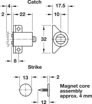 Magnetic catch, pull 3.0–4.0 kg, for screw fixing, round