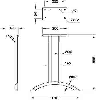 Twin table leg, with curved foot, steel