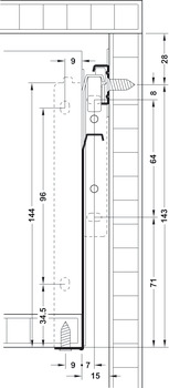 Drawer side runner system, single-walled, Häfele Matrix Box Single A25, single extension, height 150 mm, white, RAL 9010