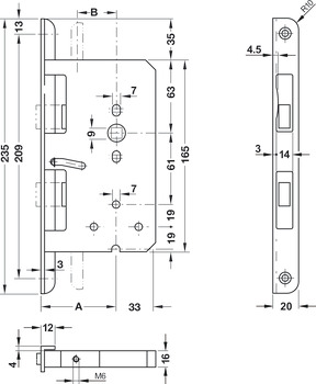 Mortice shoot bolt panic lock, for escape routes and panic areas, B 2390, profile cylinder, BKS, backset 65 mm