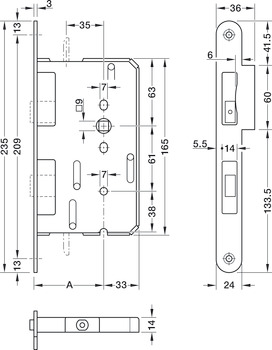 Mortice shoot bolt panic lock, for escape routes and panic areas, B 2390, profile cylinder, BKS, backset 65 mm