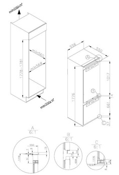 Built-in fridge/freezer combination, Dim. (W x H): 540 x 1,780 mm, fixed door