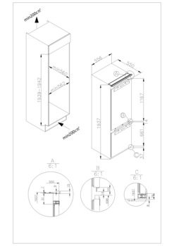 Built-in fridge/freezer combination, Dim. (W x H): 540 x 1,940 mm, fixed door