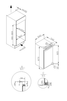 built-in refrigerator, with freezer compartment, dim. (W x H): 540 x 880 mm, fixed door